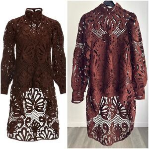 NWOT Boston Proper Mock Neck Lace High Low Blouse With Cami Cappuccino Medium